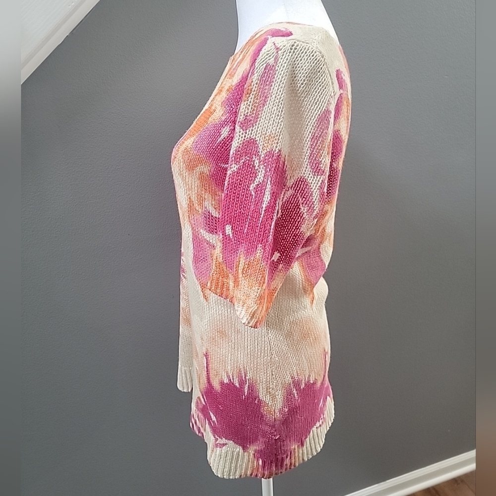 Chico’s Linen & Cotton Floral Pullover Sweater Small Pink Orange Apricot "Agnes" - Picture 3 of 6